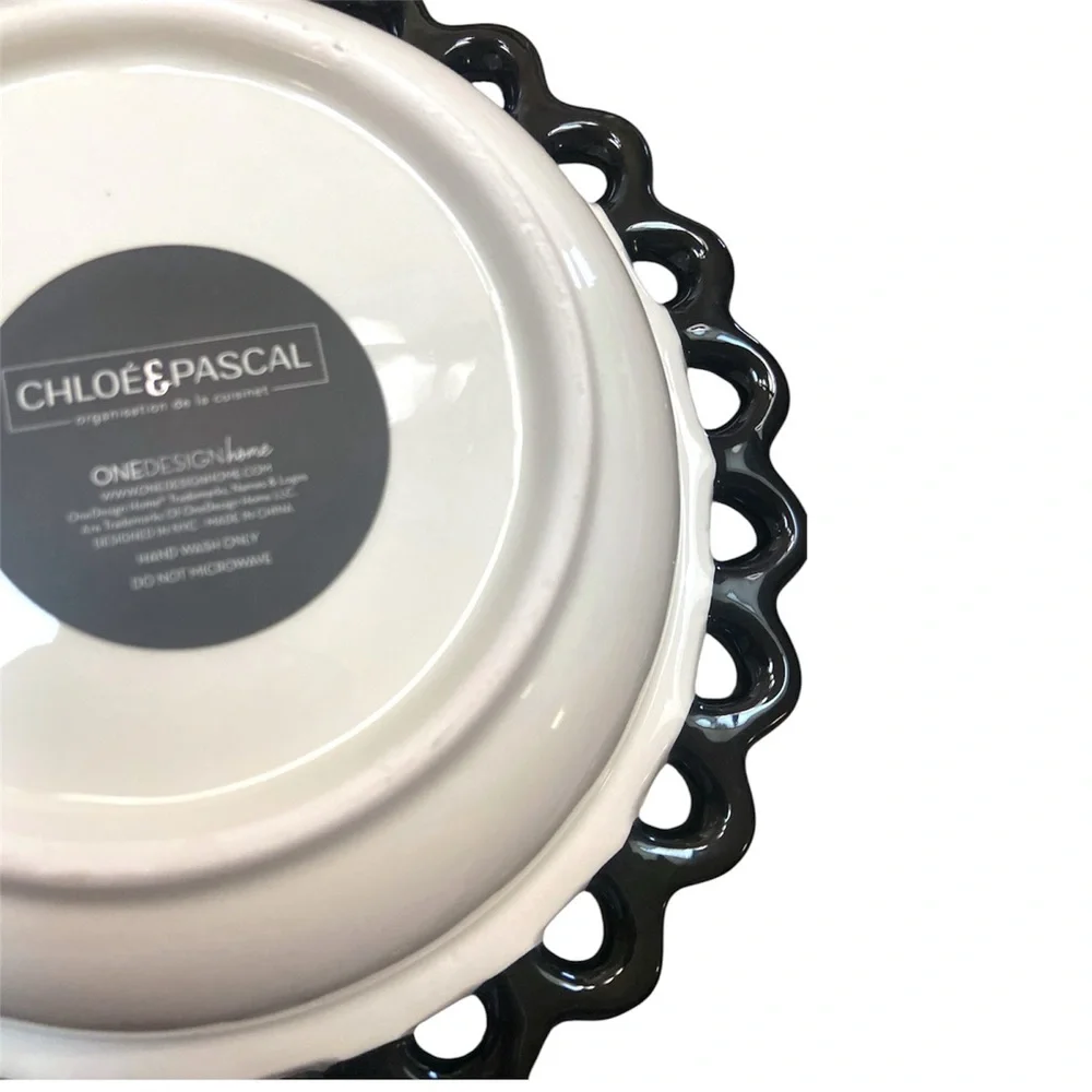 Black White Ceramic Serving‎ Bowl Scalloped Lace Rim 8” Decorative Centerpiece
